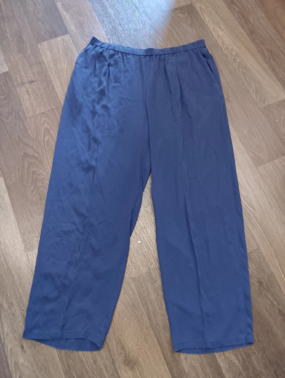 Eileen Fisher Navy Elastic-Waist Wide-Leg Pants 100%silk Sz L